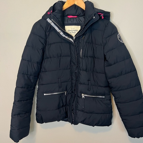 Abercrombie and Fitch Winter Puffer Jacket Parka Hooded Women Medium Navy Belted - Picture 1 of 11